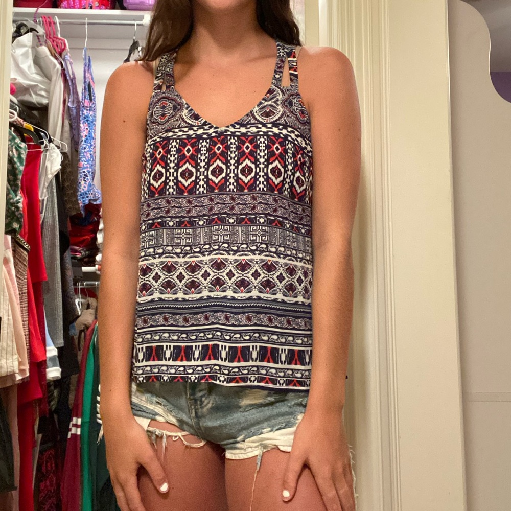 Red, White, and Navy Blue Printed Tank Top